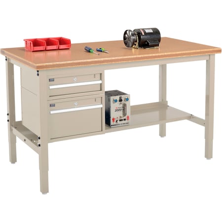 Global Industrial 60 x 30 Production Workbench, Shop Top Safety Edge, Drawers & Shelf, Tan 319234TN